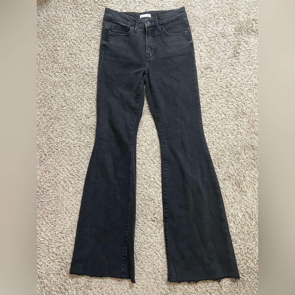 Good American Black Good Legs Flare Jeans Women's Size 0/25 Cotton Blend Pockets